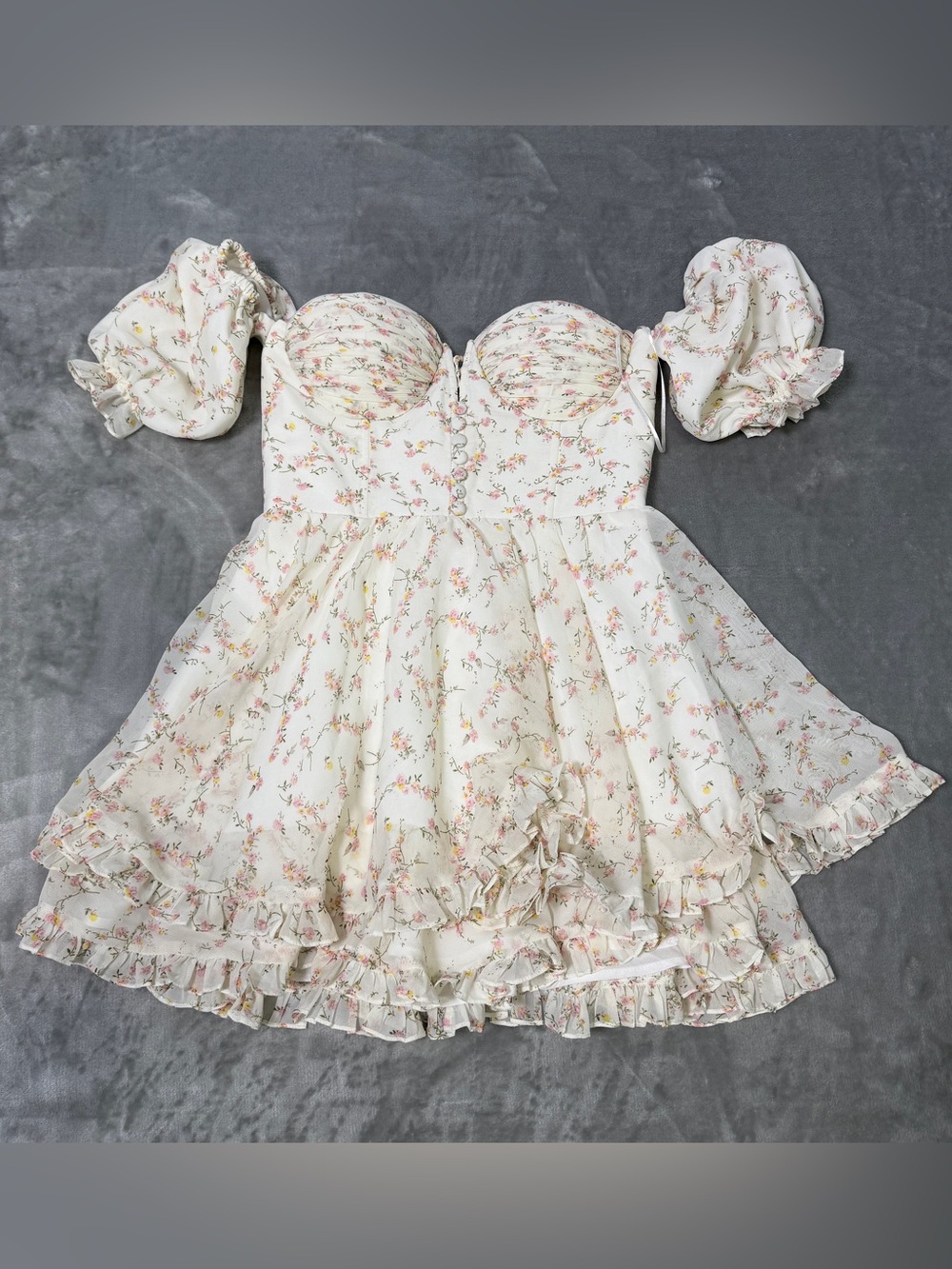 Adeirlina Lattest of Them All Mini Dress Floral Puff Whimsy Garden Boho XS